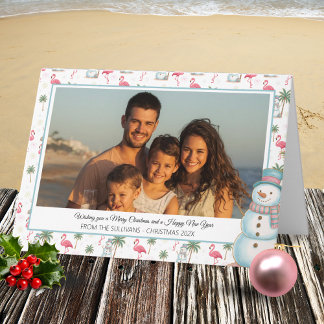 Cartes Pour Fêtes Annuelles Tropical Christmas Pink Flamingo & Palm Tree Photo