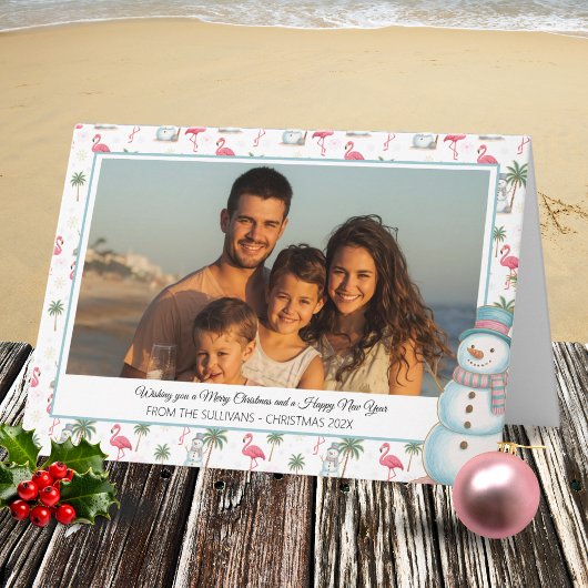 Cartes Pour Fêtes Annuelles Tropical Christmas Pink Flamingo & Palm Tree Photo
