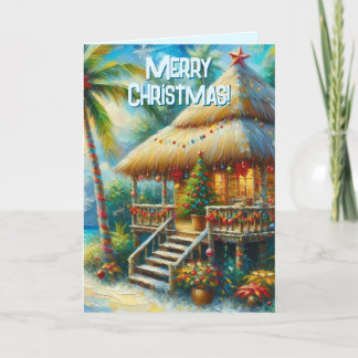 Cartes Pour Fêtes Annuelles Tropical Hut Arbre de Noël Palmier Plage Lumières 