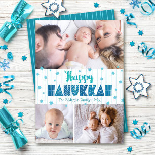 Cartes Pour Fêtes Annuelles Turquoise 3 Photo Happy Hanoukka Modern Typographi