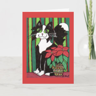 Cartes Pour Fêtes Annuelles Tuxedo Chat avec Poinsettia