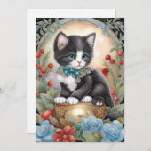 Cartes Pour Fêtes Annuelles Tuxedo Chat Floral Art Nouveau (Devant / Derrière)