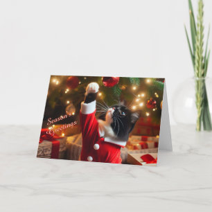 Cartes Pour Fêtes Annuelles Tuxedo Chat Jouer avec la balle de Noël sur la car
