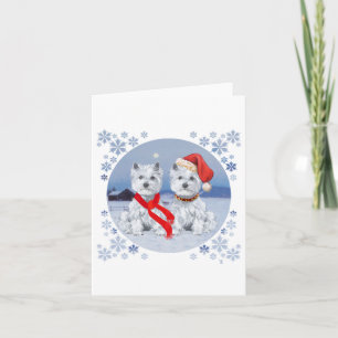Cartes Pour Fêtes Annuelles Twin Westies sur une soirée hivernale
