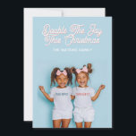 Cartes Pour Fêtes Annuelles Twins Christmas Greeting<br><div class="desc">Double the joy this Christmas with a charming twins holiday greeting featuring girls in matching tees and big smiles. The phrase “Double The Joy This Christmas” sets a festive tone, while the editable family name beneath adds a personal touch. Customize with your own photo, and the shirt text “Merry” and...</div>