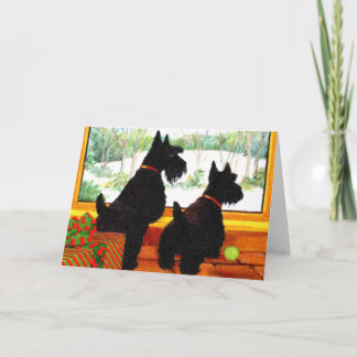Cartes Pour Fêtes Annuelles Two Scottie Dogs Waiting for Santa Claus