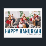Cartes Pour Fêtes Annuelles Typographie Bleue Photo Collage Happy Hanoukka<br><div class="desc">Heureux Hanoukka ! Carte postale personnalisable Happy Hanoukka photo collage avec typographie simple bleue et motif de neige. Personnalisez en ajoutant trois photos,  noms,  année et autres détails. Cette carte postale Hanoukka moderne est disponible en d'autres couleurs et en carton.</div>
