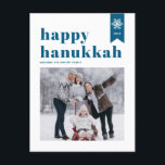 Cartes Pour Fêtes Annuelles Typographie bleue Snowflakes Photo Happy Hanoukka<br><div class="desc">Heureux Hanoukka ! | Envoyez vos souhaits de vacances avec cette carte postale Hanoukka personnalisable. Il présente une typographie bleu rétro audacieuse, un accent simple flocons de neige et un motif festif. Personnalisez en ajoutant des noms, année et photo. Cette photo festive Happy Hanoukka carte postale est disponible en différentes...</div>
