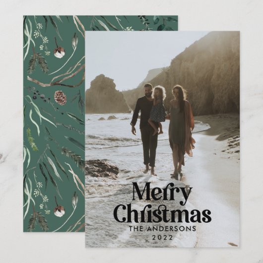 Cartes Pour Fêtes Annuelles Typographie botanique moderne de l'aquarelle verte (Devant / Derrière)