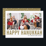 Cartes Pour Fêtes Annuelles Typographie d'or Collage photo Happy Hanoukka<br><div class="desc">Heureux Hanoukka ! Carte de collage photo Happy Hanoukka personnalisable avec typographie simple or et motif de neige. Personnalisez en ajoutant trois photos,  noms,  année et autres détails. Cette carte à plat Hanoukka moderne est disponible en d'autres couleurs et en carton.</div>