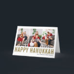 Cartes Pour Fêtes Annuelles Typographie d'or Happy Hanoukka Photo Collage<br><div class="desc">Heureux Hanoukka ! Carte de collage photo Happy Hanoukka personnalisable avec typographie or simple et motif de neige. Personnalisez en ajoutant trois photos,  noms,  année et autres détails. Cette carte Hanoukka moderne est disponible en d'autres couleurs et en carton.</div>