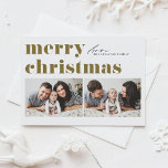 Cartes Pour Fêtes Annuelles Typographie Gold Retro Joyeux Noël Deux photos<br><div class="desc">Joyeux Noël! Envoyez vos voeux de Noël à votre famille et à vos amis avec cette carte postale de Noël personnalisable. Il présente une typographie rétro et audacieuse. Personnalisez en ajoutant vos détails. Cette carte postale de Noël rouge est disponible sur d'autres cartes. Des éléments correspondants sont disponibles.</div>