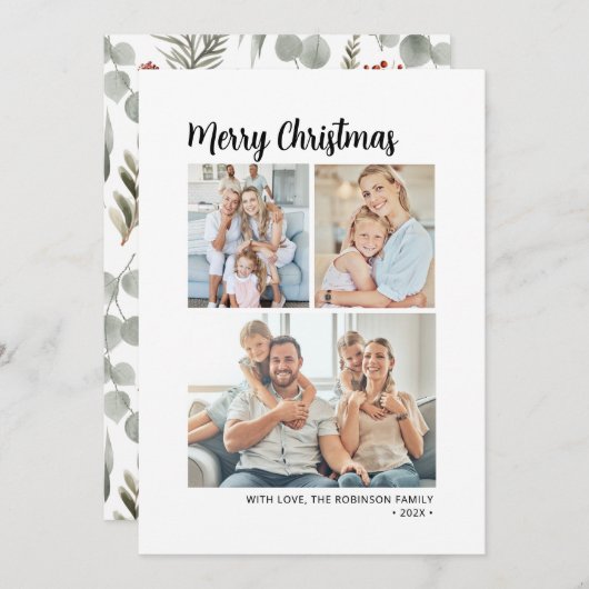 Cartes Pour Fêtes Annuelles Typographie moderne Foliage Multi Photo Noël (Devant / Derrière)