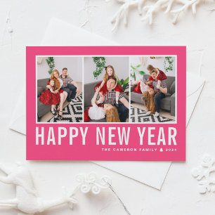Cartes Pour Fêtes Annuelles Typographie moderne Hot Pink Photo Collage Nouvel