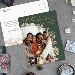 Cartes Pour Fêtes Annuelles Typographie or Floral Vert photo Noël