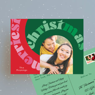 Cartes Pour Fêtes Annuelles Typographie ovale rouge vert gras Noël une photo