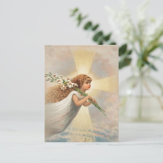 Cartes Pour Fêtes Annuelles Un ange dans le ciel tenant des lys noël (Debout devant)