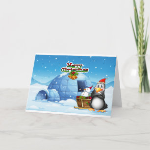 Cartes Pour Fêtes Annuelles Un bonhomme de neige et un pingouin devant l'igloo