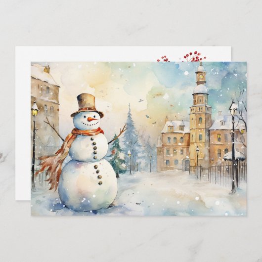 Cartes Pour Fêtes Annuelles Un bonhomme de neige lunatique joyeux dans un vill (Devant / Derrière)