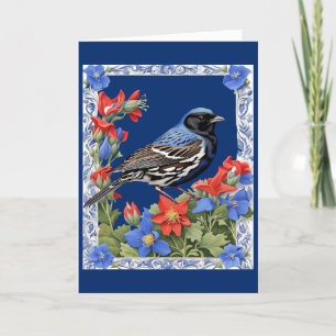 Cartes Pour Fêtes Annuelles Un Bruant à tête noire entouré de Colombines du Co