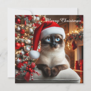 Cartes Pour Fêtes Annuelles Un chat siamois porte un chapeau de Père Noël