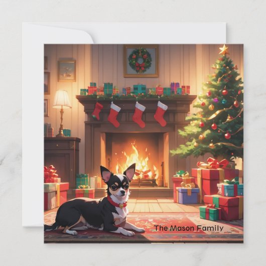 Cartes Pour Fêtes Annuelles Un Chihuahua avec sapin de Noël et cheminée (Devant)