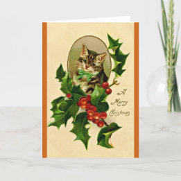 Cartes Pour Fêtes Annuelles Un joyeux Noël Holly Kitty restauré Vintage