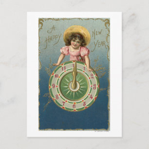 Cartes Pour Fêtes Annuelles Un nouveau YearGirl heureux placé sur une horloge