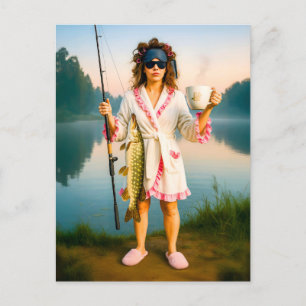 Cartes Pour Fêtes Annuelles Une femme endormie à Robe attrape un grand brochet