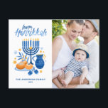 Cartes Pour Fêtes Annuelles Une photo de Festin Watercolor Menorah Happy Hanou<br><div class="desc">Joyeux Hanoukka ! Envoyez vos souhaits Hanoukka à votre famille et à vos amis avec cette carte postale photo personnalisable. Il présente des illustrations aquarelles de symboles Hanoukka tels que Hanukkiah ou menorah,  sufganiyot,  olives et dreidel. Personnalisez en ajoutant des noms et une photo.</div>