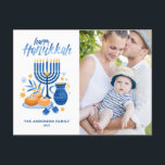 Cartes Pour Fêtes Annuelles Une photo de Festin Watercolor Menorah Happy Hanou<br><div class="desc">Joyeux Hanoukka ! Envoyez vos souhaits Hanoukka à votre famille et à vos amis avec cette carte postale photo personnalisable. Il présente des illustrations aquarelles de symboles Hanoukka tels que Hanukkiah ou menorah,  sufganiyot,  olives et dreidel. Personnalisez en ajoutant des noms et une photo.</div>