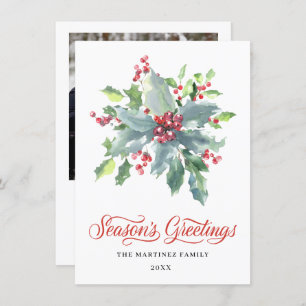 Cartes Pour Fêtes Annuelles UNE PHOTO Holly et Berry Watercolor Green 2022
