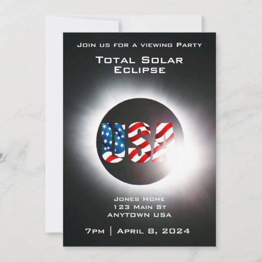 Cartes Pour Fêtes Annuelles USA FLAG Total éclipse solaire 8 avril 2024 (Devant)