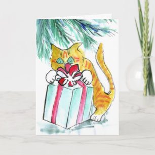 Cartes Pour Fêtes Annuelles Vacances de chat attaquant les présents, Sumi-e