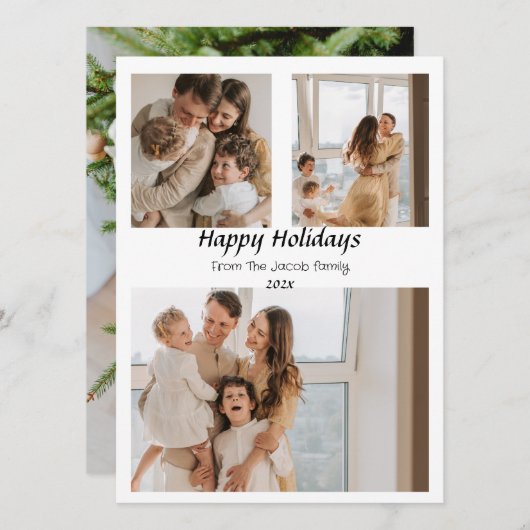 Cartes Pour Fêtes Annuelles Vacances de Noël Script centré sur trois photos (Devant / Derrière)