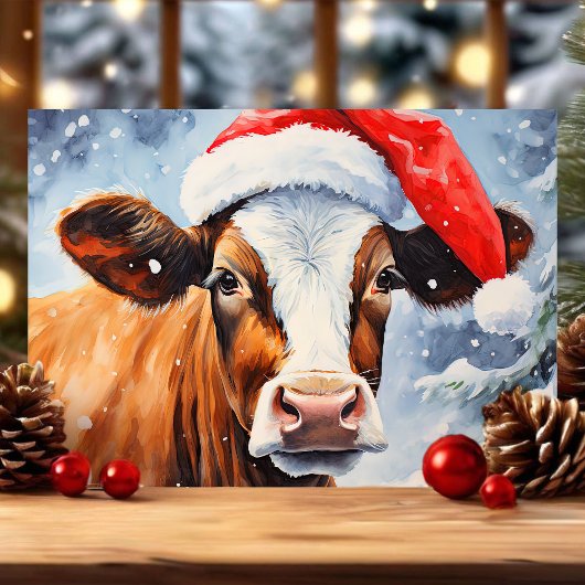 Cartes Pour Fêtes Annuelles Vache à Santa Hat Funny Noël