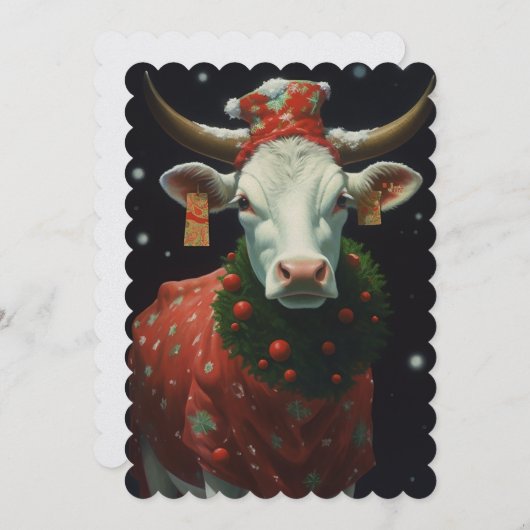 Cartes Pour Fêtes Annuelles Vache de Noël (Devant / Derrière)