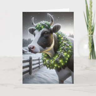 Cartes Pour Fêtes Annuelles Vache de Noël Holstein avec une couronne brillante
