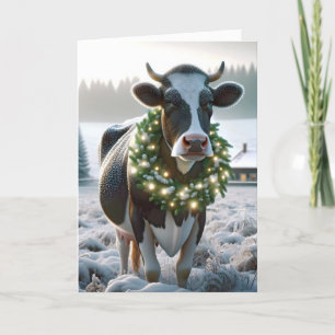 Cartes Pour Fêtes Annuelles Vache de Noël Holstein avec une couronne brillante