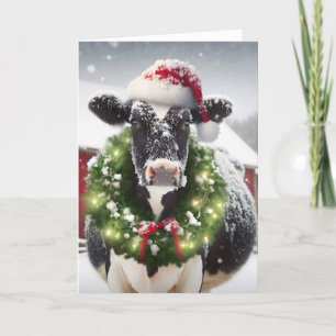 Cartes Pour Fêtes Annuelles Vache de Noël portant une couronne de vacances