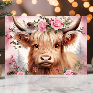 Cartes Pour Fêtes Annuelles Vache des Highlands avec roses roses festive Noël