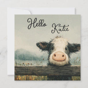 Cartes Pour Fêtes Annuelles Vache duveteuse regardant par-dessus une clôture s