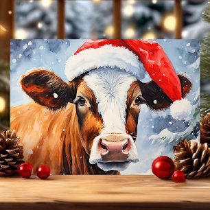 Cartes Pour Fêtes Annuelles Vache en chapeau de Santa Noël drôle