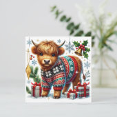 Cartes Pour Fêtes Annuelles Vache Highland confortable en pull de Noël (Debout devant)
