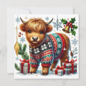 Cartes Pour Fêtes Annuelles Vache Highland confortable en pull de Noël (Devant)