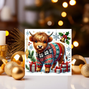 Cartes Pour Fêtes Annuelles Vache Highland Cozy dans un Pull de Noël
