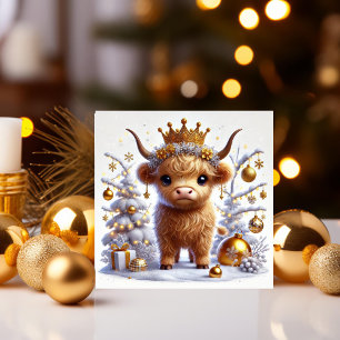 Cartes Pour Fêtes Annuelles Vache Highland de Noël à la couronne dorée