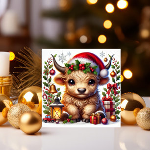 Cartes Pour Fêtes Annuelles Vache Highland festive au chapeau de Père Noël