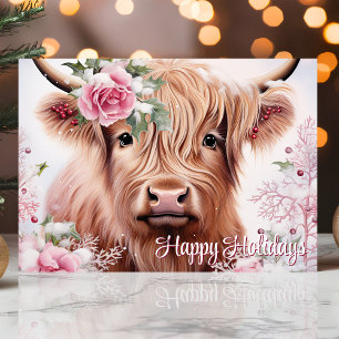 Cartes Pour Fêtes Annuelles Vache Highlandoise de Noël avec des Roses Joyeuses
