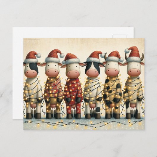 Cartes Pour Fêtes Annuelles Vaches avec chapeau de Noël lumières de Noël (Devant / Derrière)